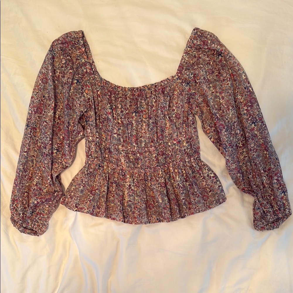 J. Crew Pink and Blue Smocked Peplum Blouse with Puff Sleeves floral